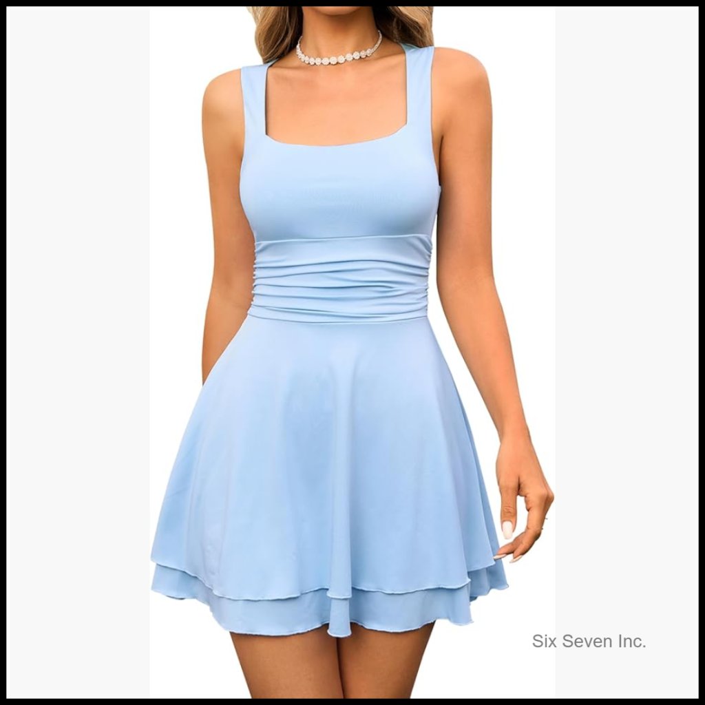 Square Neck Ruched Waist A-Line Mini Dress With Ruffle Hem